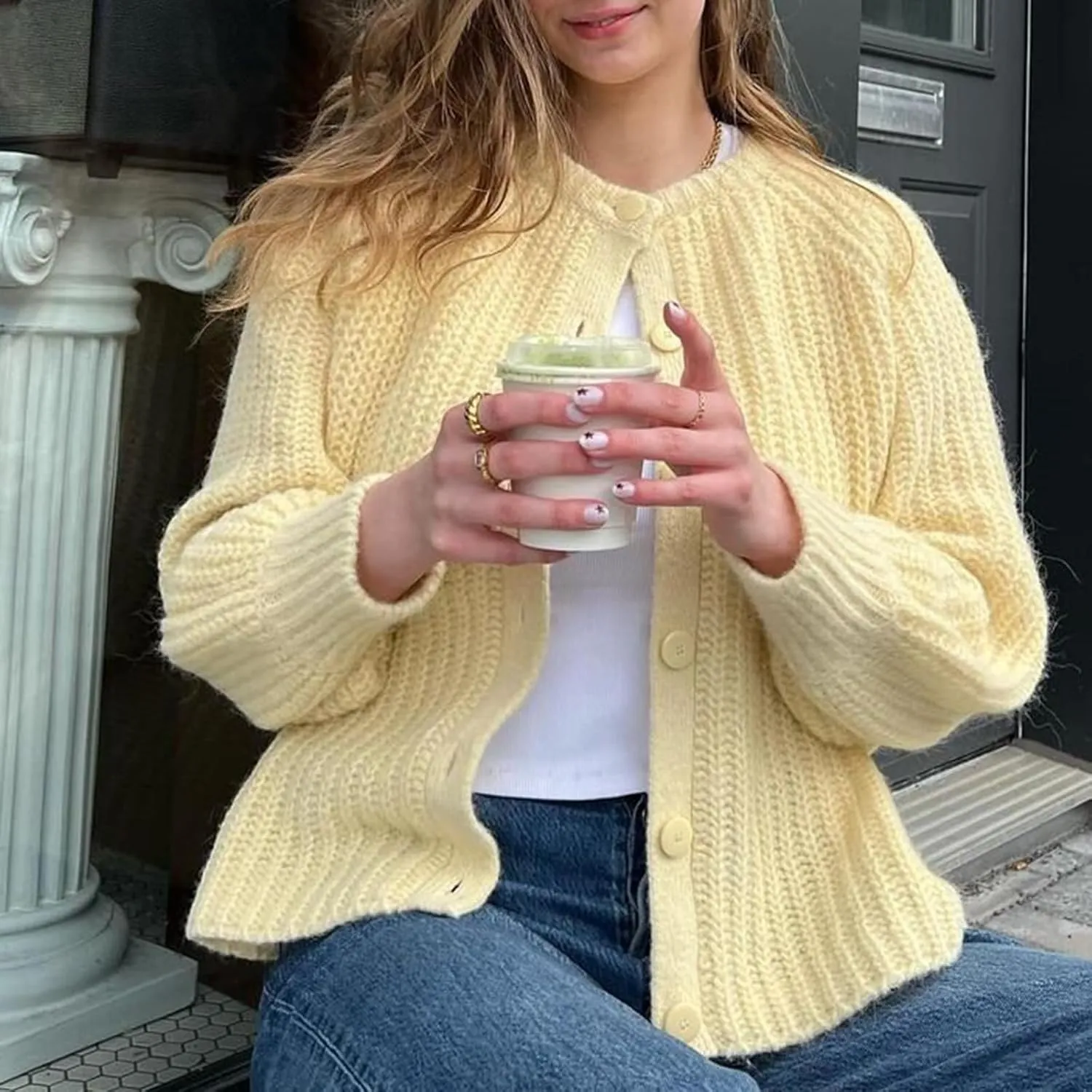 Bocymolay Womens Cardigan Sweaters Casual Button Down Crewneck Knitted Jacket Loose Fall Chunky Outwear