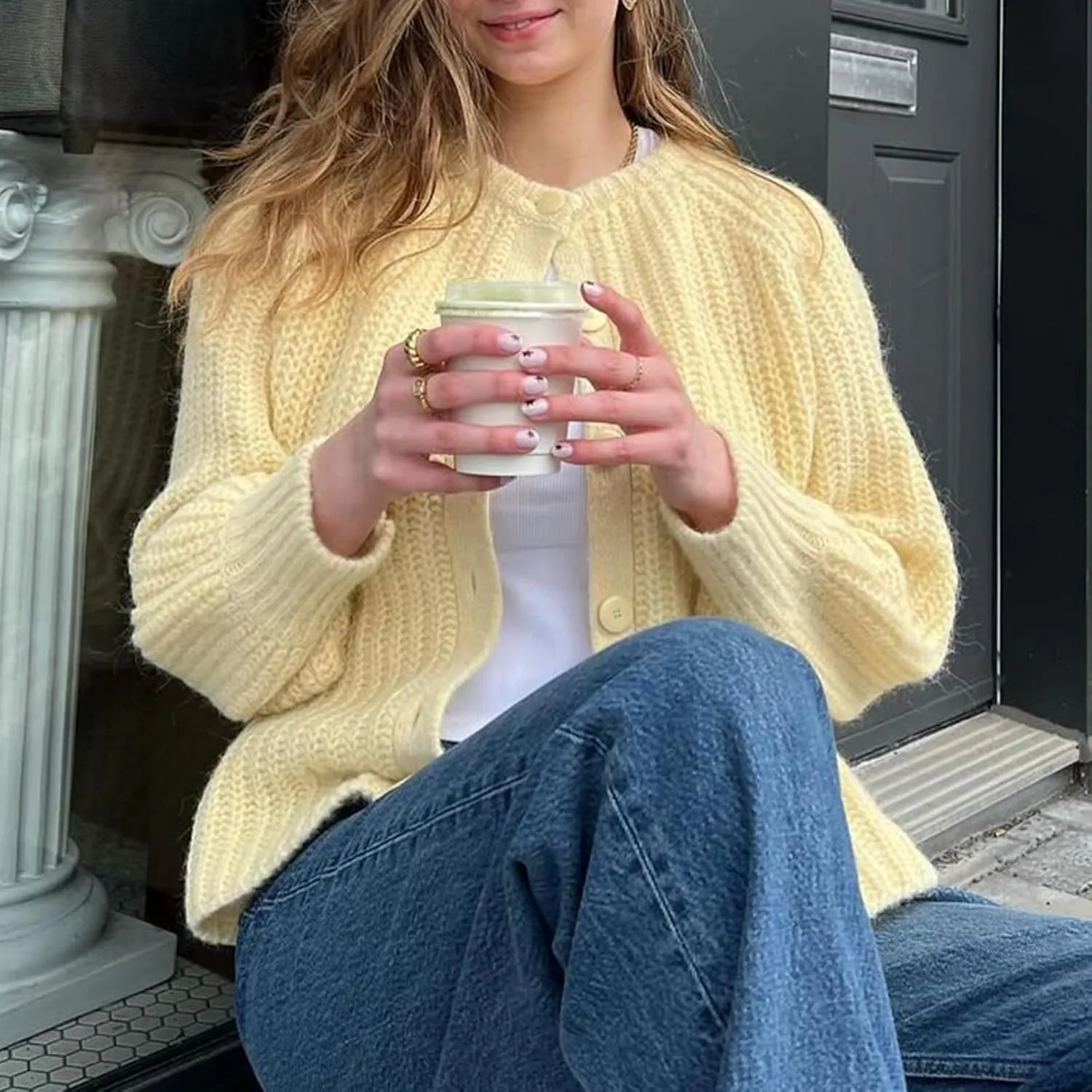 Bocymolay Womens Cardigan Sweaters Casual Button Down Crewneck Knitted Jacket Loose Fall Chunky Outwear