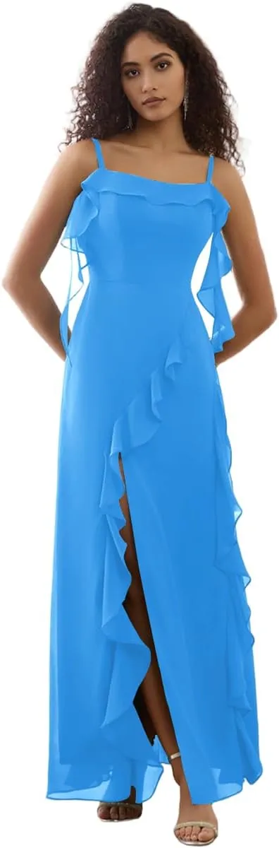 Bodycon Prom Dress with Slit Spaghetti Strap Bridesmaid Dress Long Chiffon Ruffled Evening Gowns for Women