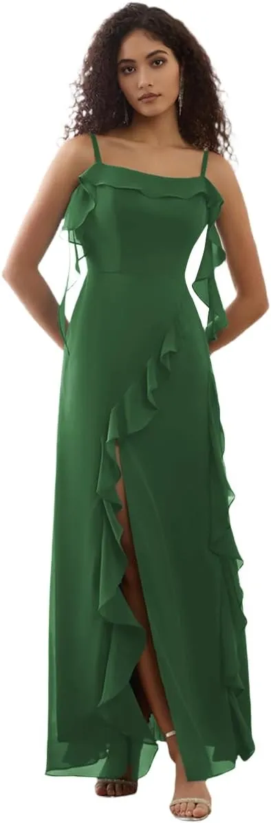 Bodycon Prom Dress with Slit Spaghetti Strap Bridesmaid Dress Long Chiffon Ruffled Evening Gowns for Women