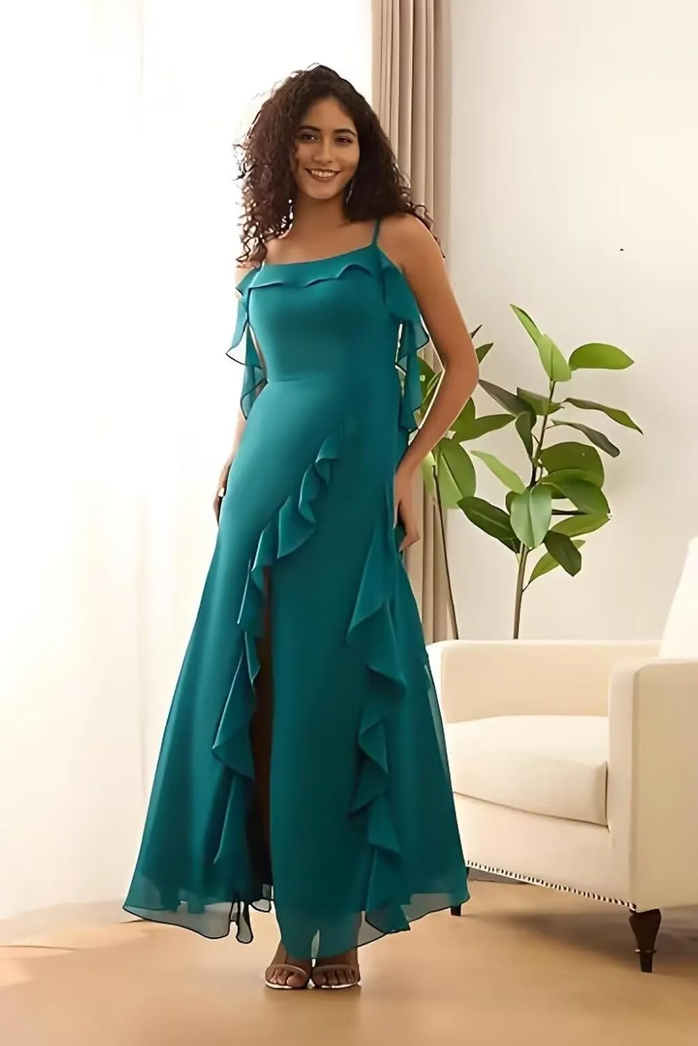 Bodycon Prom Dress with Slit Spaghetti Strap Bridesmaid Dress Long Chiffon Ruffled Evening Gowns for Women