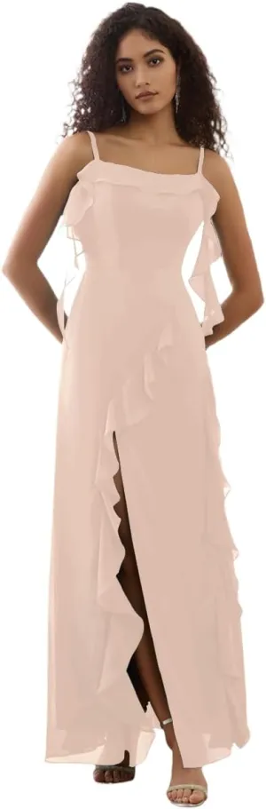 Bodycon Prom Dress with Slit Spaghetti Strap Bridesmaid Dress Long Chiffon Ruffled Evening Gowns for Women