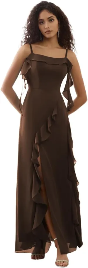 Bodycon Prom Dress with Slit Spaghetti Strap Bridesmaid Dress Long Chiffon Ruffled Evening Gowns for Women