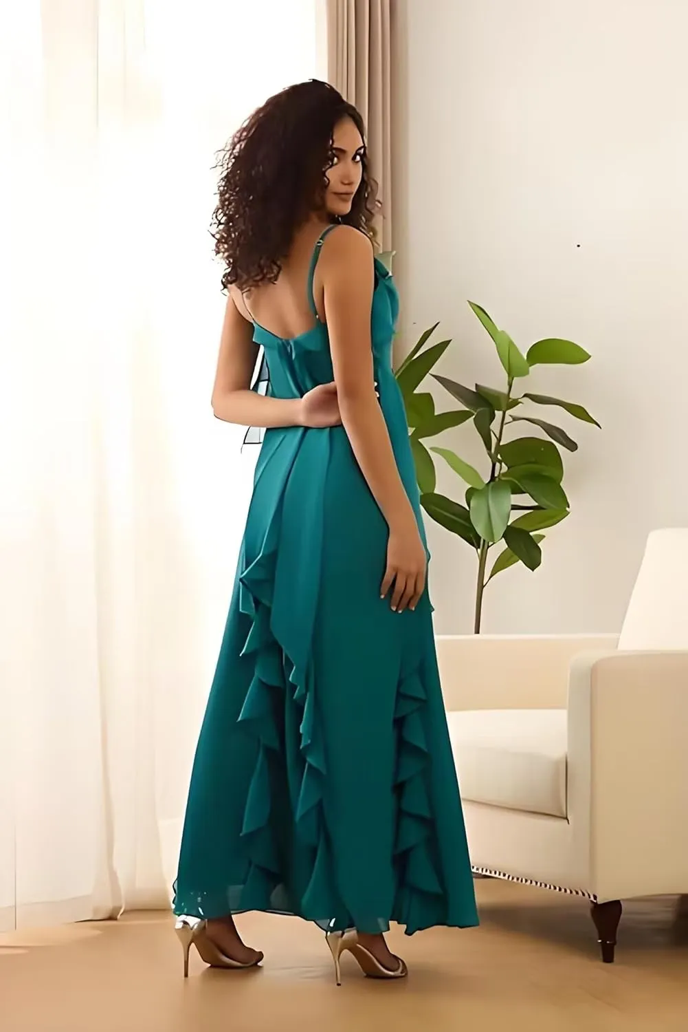 Bodycon Prom Dress with Slit Spaghetti Strap Bridesmaid Dress Long Chiffon Ruffled Evening Gowns for Women