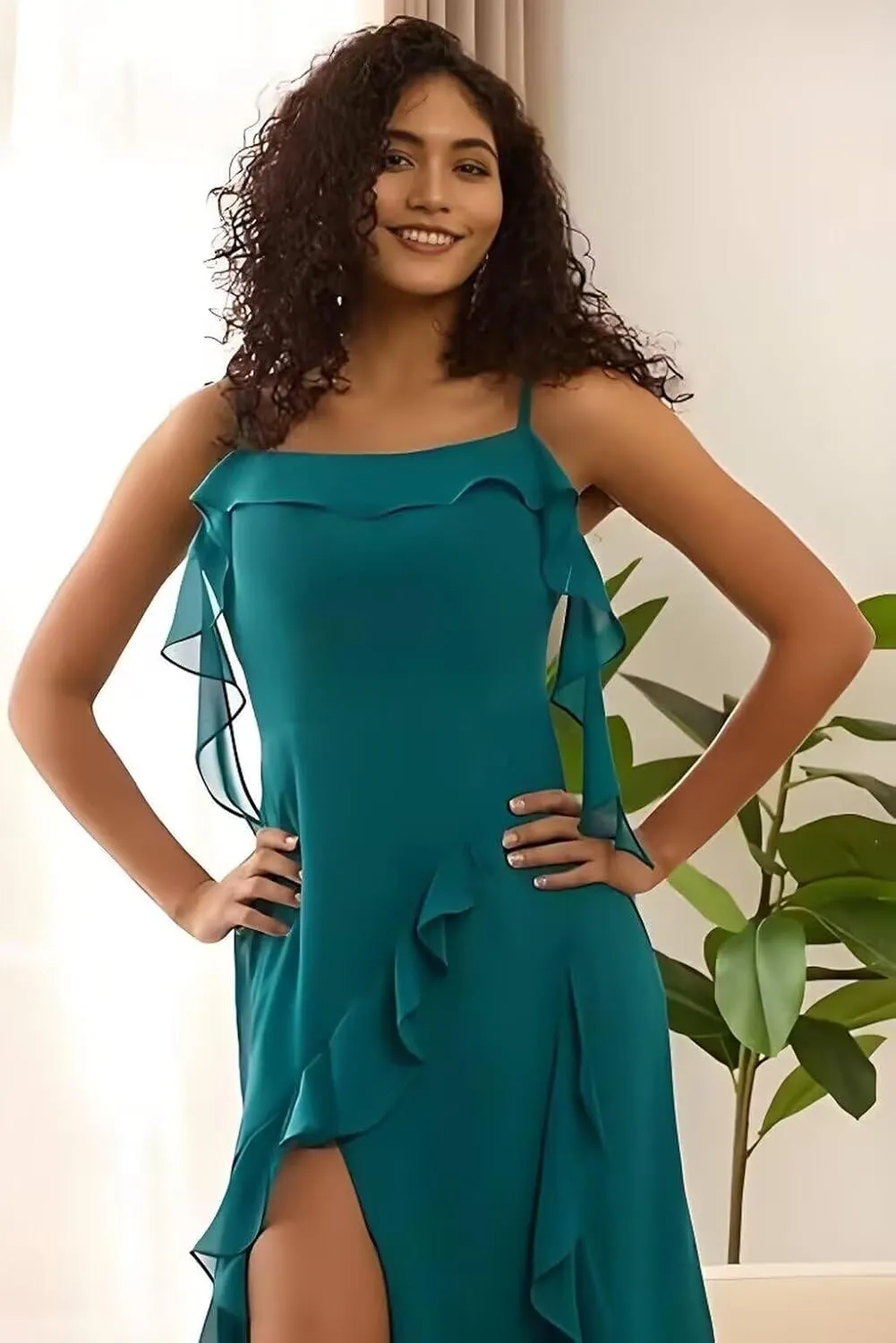 Bodycon Prom Dress with Slit Spaghetti Strap Bridesmaid Dress Long Chiffon Ruffled Evening Gowns for Women