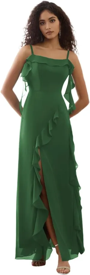 Bodycon Prom Dress with Slit Spaghetti Strap Bridesmaid Dress Long Chiffon Ruffled Evening Gowns for Women