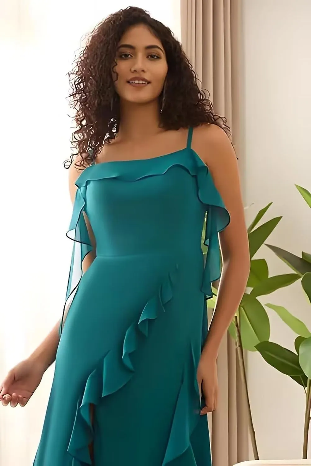 Bodycon Prom Dress with Slit Spaghetti Strap Bridesmaid Dress Long Chiffon Ruffled Evening Gowns for Women
