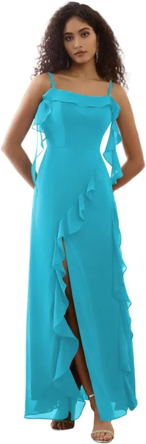 Bodycon Prom Dress with Slit Spaghetti Strap Bridesmaid Dress Long Chiffon Ruffled Evening Gowns for Women