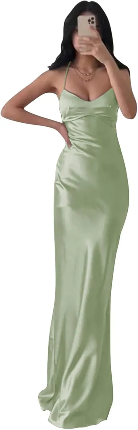 BOLENSYE Satin Bridesmaid Dresses Long Prom Dress for Women Spaghetti Strap Formal Dress Mermaid Evening Party Gown
