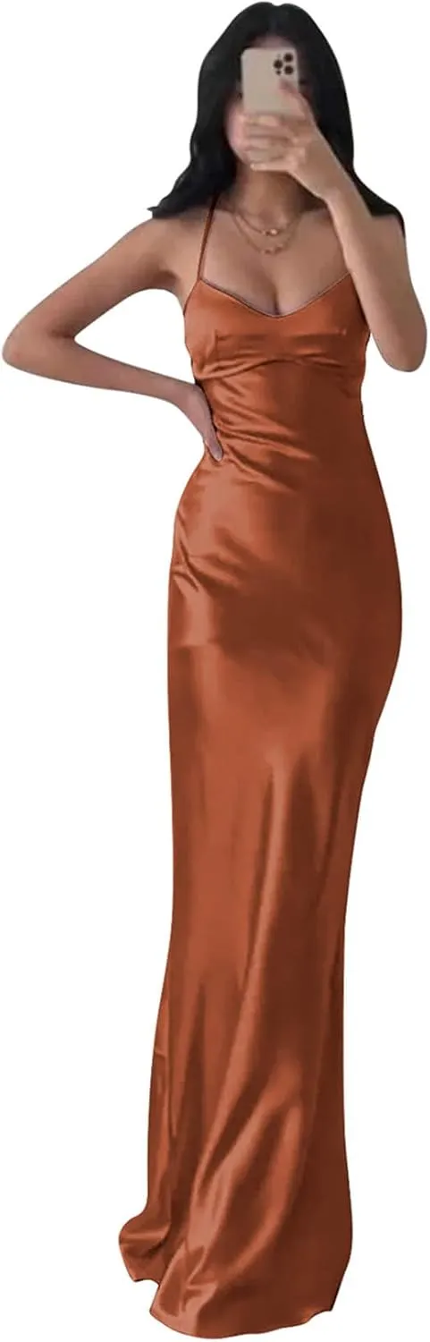 BOLENSYE Satin Bridesmaid Dresses Long Prom Dress for Women Spaghetti Strap Formal Dress Mermaid Evening Party Gown