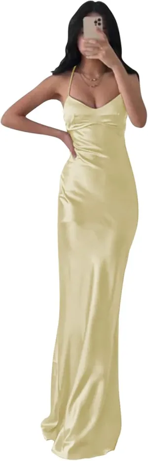 BOLENSYE Satin Bridesmaid Dresses Long Prom Dress for Women Spaghetti Strap Formal Dress Mermaid Evening Party Gown