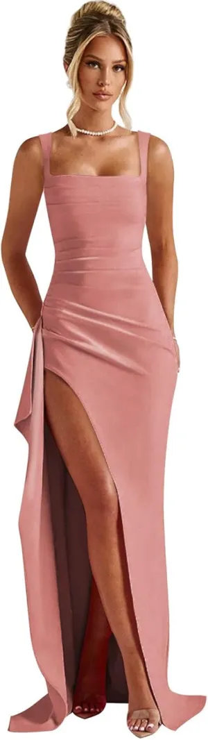 BOLENSYE Satin Prom Dresses Long Bridesmaid Dress Square Neck Corset Pleated Evening Party Gown with Slit