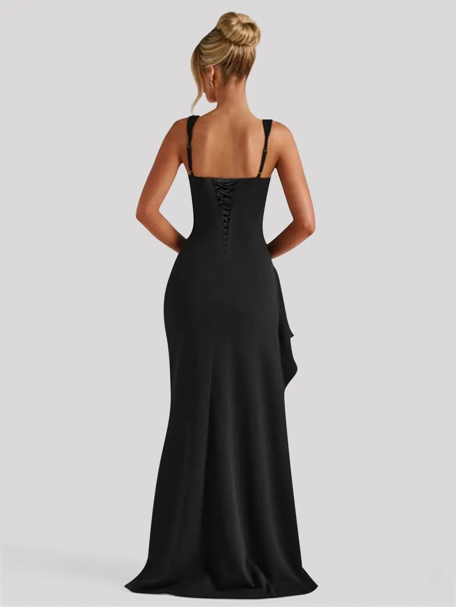 BOLENSYE Satin Prom Dresses Long Bridesmaid Dress Square Neck Corset Pleated Evening Party Gown with Slit