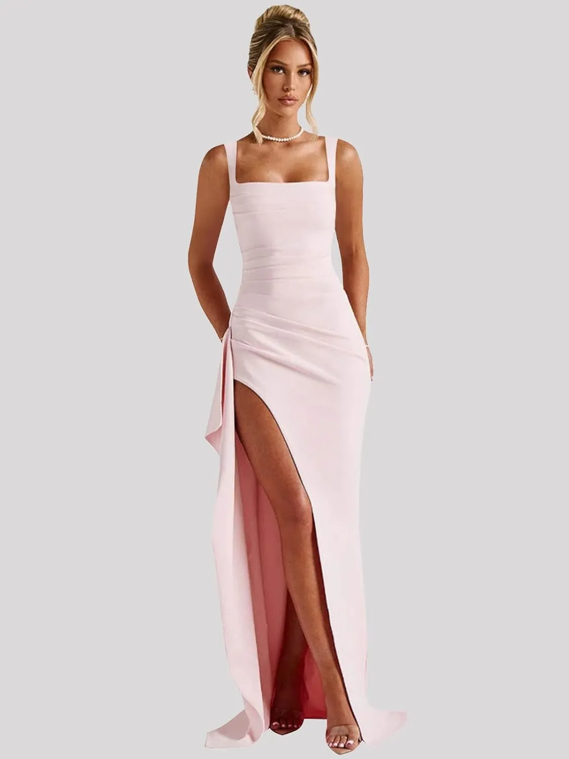 BOLENSYE Satin Prom Dresses Long Bridesmaid Dress Square Neck Corset Pleated Evening Party Gown with Slit
