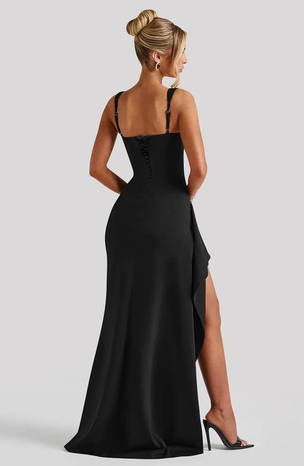 BOLENSYE Satin Prom Dresses Long Bridesmaid Dress Square Neck Corset Pleated Evening Party Gown with Slit
