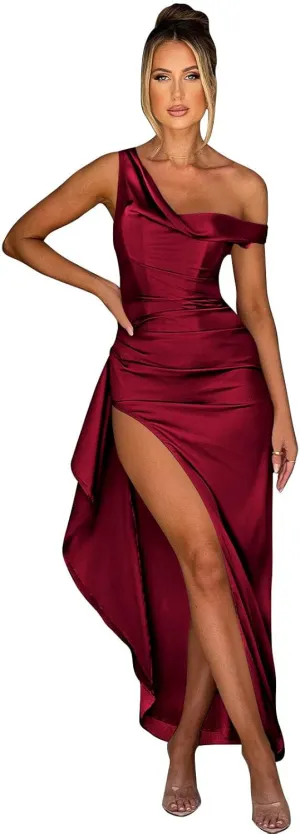 BOLENSYE Women's Satin Prom Dresses 2025 One Shoulder Formal Evening Dress Ruched Cocktail Party Gown with Slit