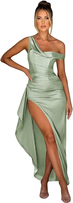 BOLENSYE Women's Satin Prom Dresses 2025 One Shoulder Formal Evening Dress Ruched Cocktail Party Gown with Slit