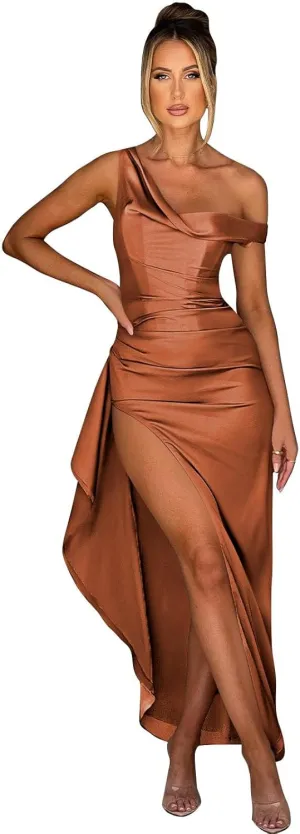 BOLENSYE Women's Satin Prom Dresses 2025 One Shoulder Formal Evening Dress Ruched Cocktail Party Gown with Slit