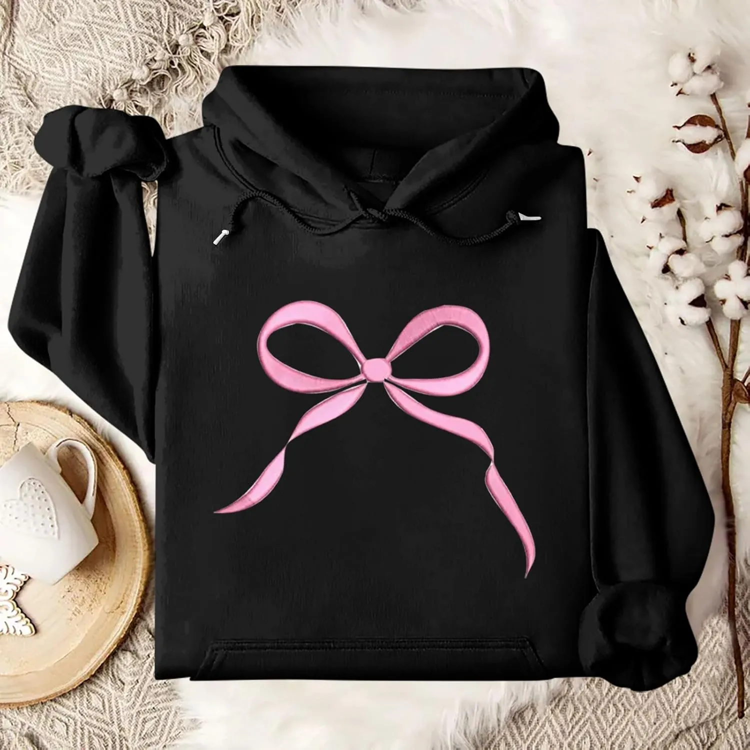 Bow Print Valentines Sweatshirts for Women Trendy Novelty Fleece Y2K Hoodie Drawstring Oversized Pullover with Pocket