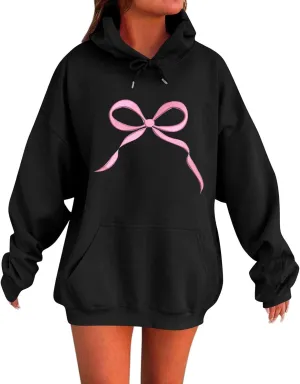 Bow Print Valentines Sweatshirts for Women Trendy Novelty Fleece Y2K Hoodie Drawstring Oversized Pullover with Pocket