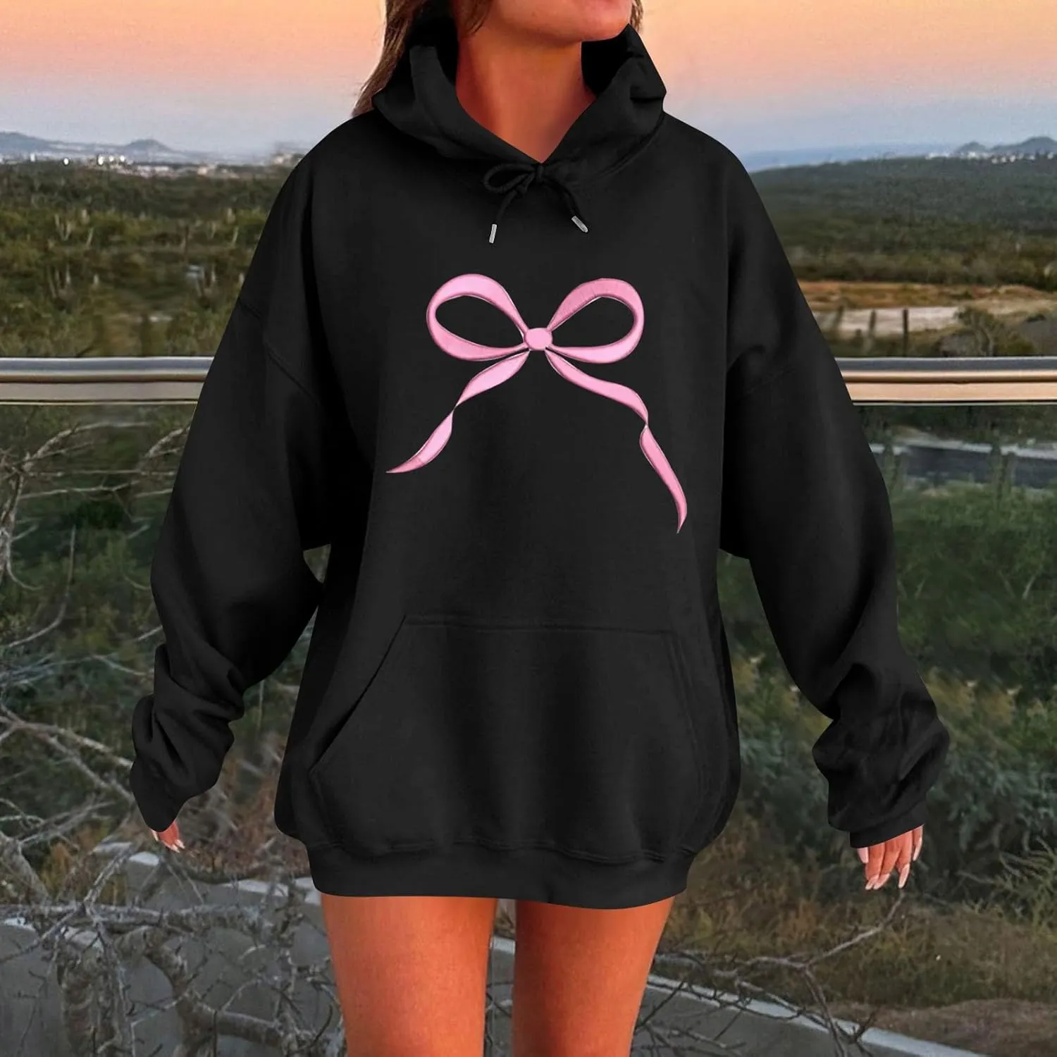 Bow Print Valentines Sweatshirts for Women Trendy Novelty Fleece Y2K Hoodie Drawstring Oversized Pullover with Pocket