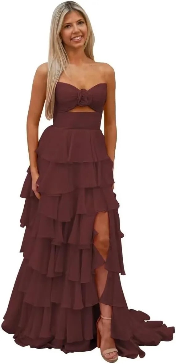 Bow Strapless Prom Dress for Women Sweep Train Cascading Ruffles Split Side Elegant Ball Gown Chiffon
