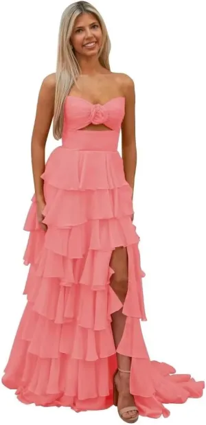 Bow Strapless Prom Dress for Women Sweep Train Cascading Ruffles Split Side Elegant Ball Gown Chiffon