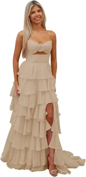 Bow Strapless Prom Dress for Women Sweep Train Cascading Ruffles Split Side Elegant Ball Gown Chiffon
