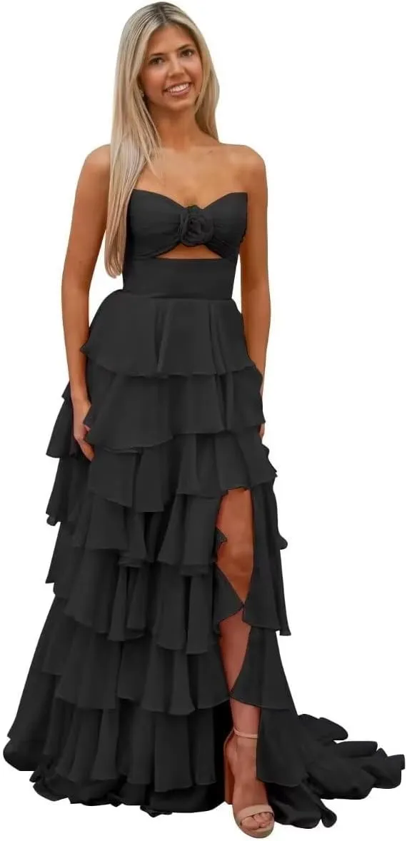 Bow Strapless Prom Dress for Women Sweep Train Cascading Ruffles Split Side Elegant Ball Gown Chiffon