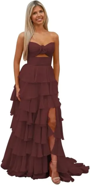 Bow Strapless Prom Dress for Women Sweep Train Cascading Ruffles Split Side Elegant Ball Gown Chiffon
