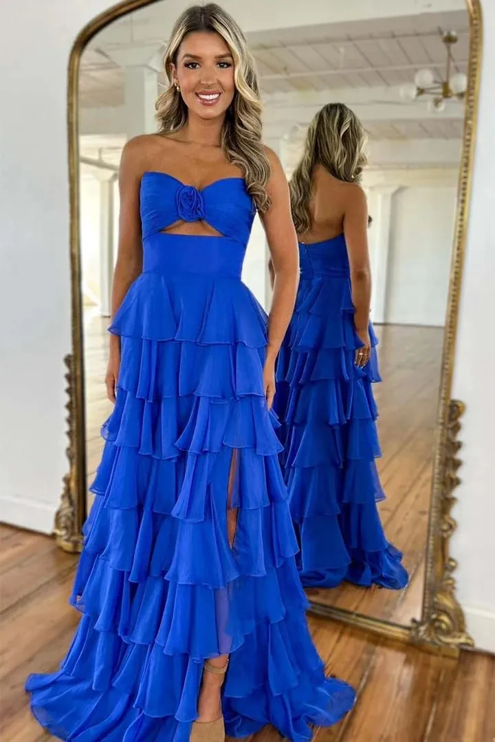 Bow Strapless Prom Dress for Women Sweep Train Cascading Ruffles Split Side Elegant Ball Gown Chiffon