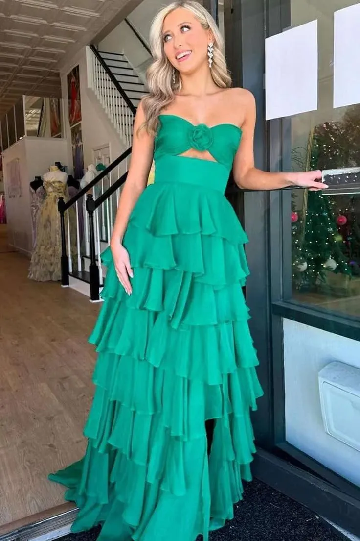 Bow Strapless Prom Dress for Women Sweep Train Cascading Ruffles Split Side Elegant Ball Gown Chiffon