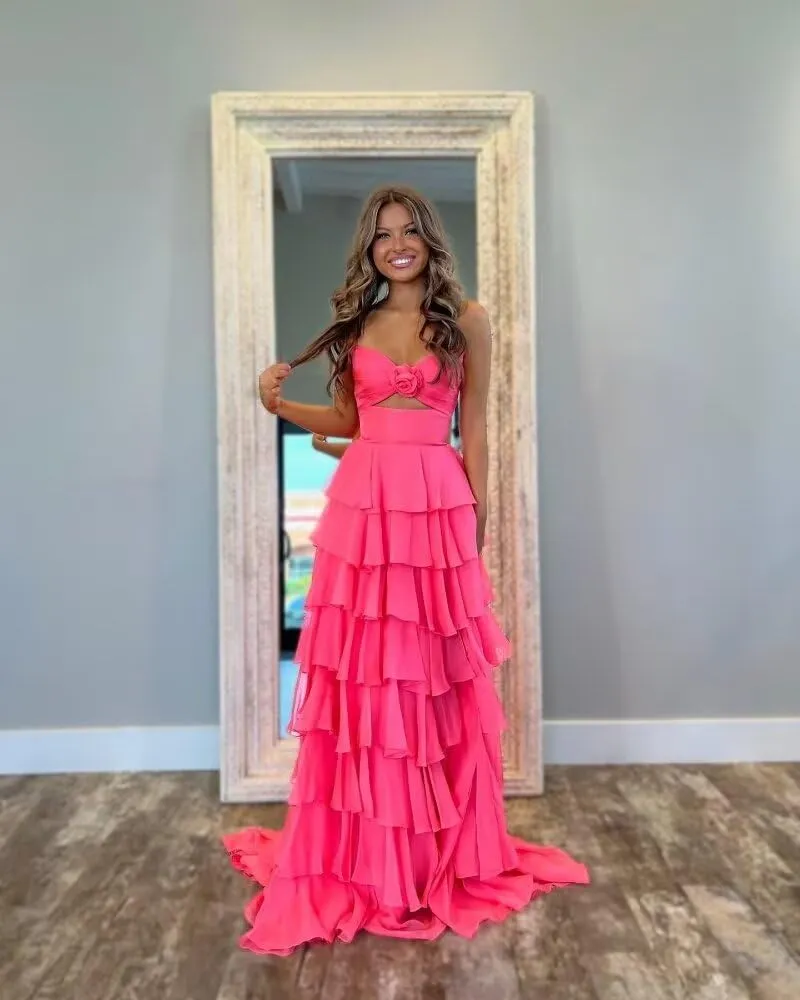 Bow Strapless Prom Dress for Women Sweep Train Cascading Ruffles Split Side Elegant Ball Gown Chiffon