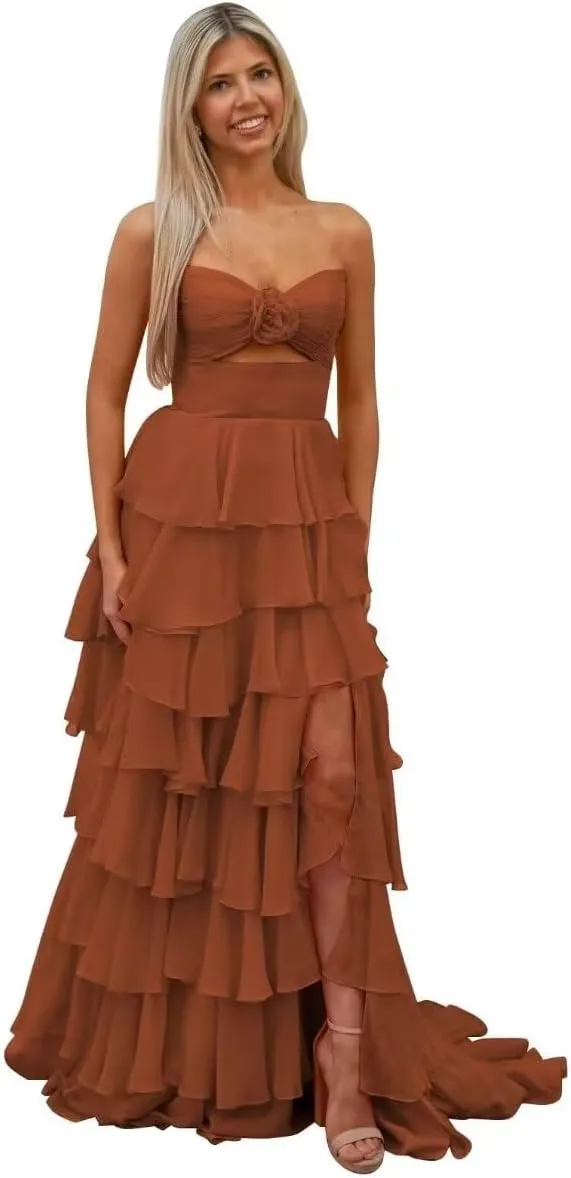 Bow Strapless Prom Dress for Women Sweep Train Cascading Ruffles Split Side Elegant Ball Gown Chiffon