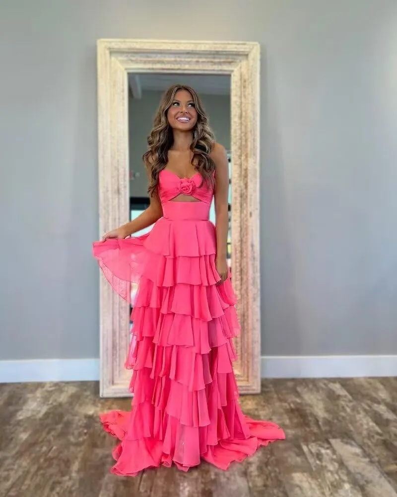 Bow Strapless Prom Dress for Women Sweep Train Cascading Ruffles Split Side Elegant Ball Gown Chiffon
