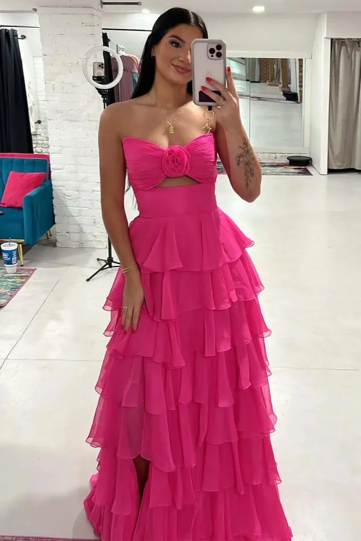 Bow Strapless Prom Dress for Women Sweep Train Cascading Ruffles Split Side Elegant Ball Gown Chiffon