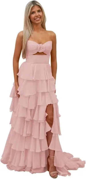 Bow Strapless Prom Dress for Women Sweep Train Cascading Ruffles Split Side Elegant Ball Gown Chiffon