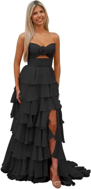 Bow Strapless Prom Dress for Women Sweep Train Cascading Ruffles Split Side Elegant Ball Gown Chiffon