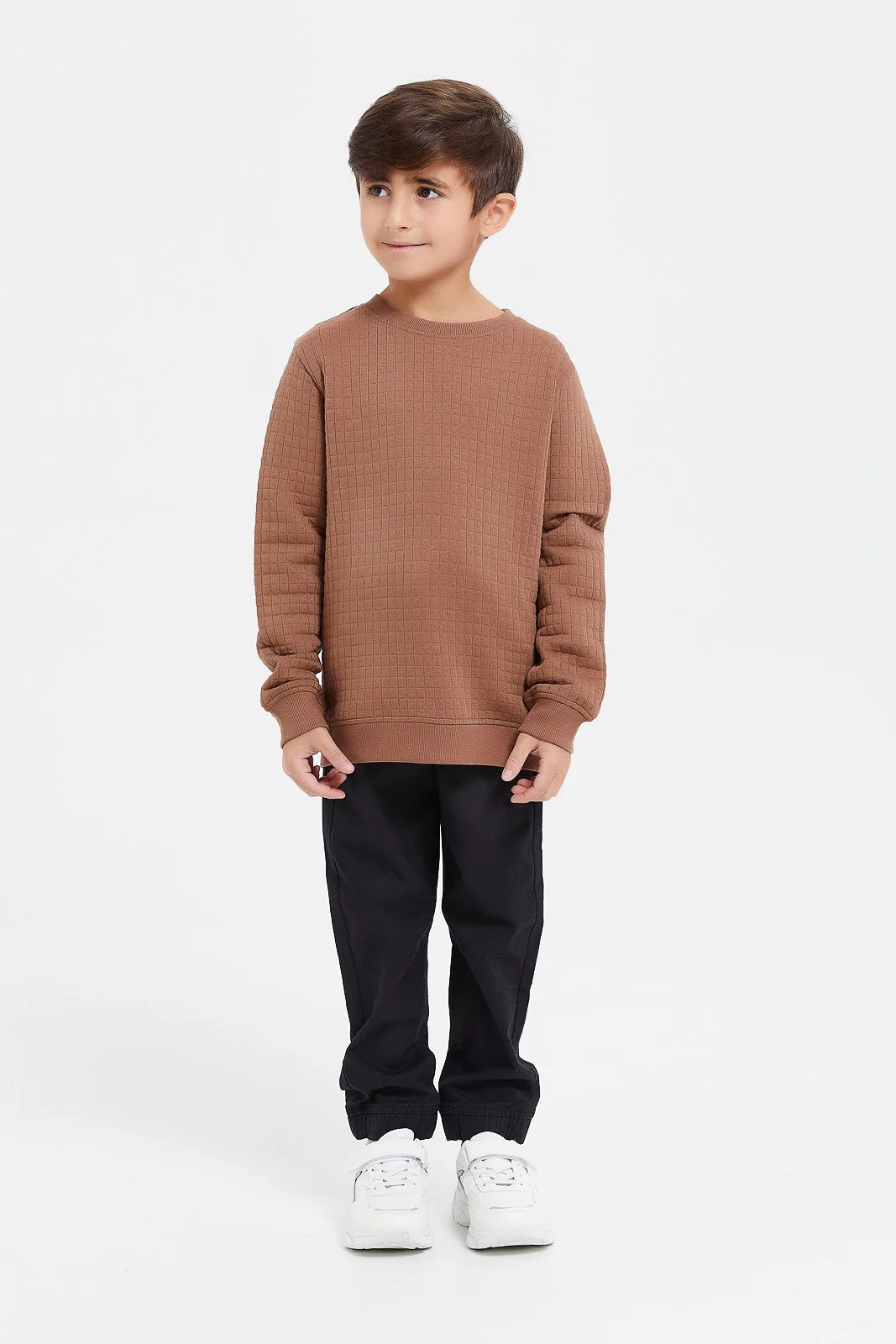Boys Brown Jacquard Quilted Sweatshirt