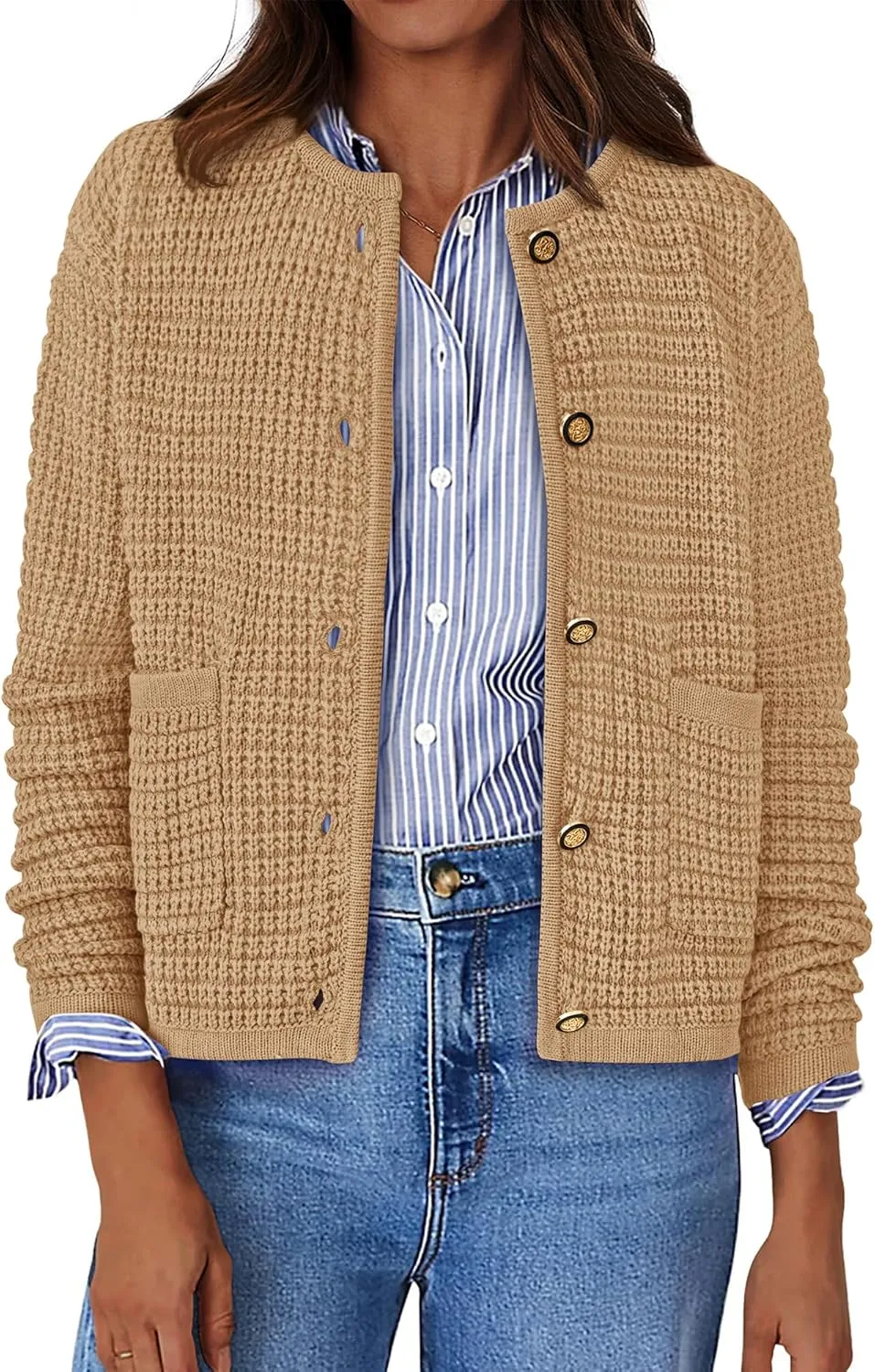 BTFBM Women Cardigan Sweaters Fall Fashion 2024 Button Down Long Sleeve Chunky Knit Open Front Tweed Jacket Outerwear