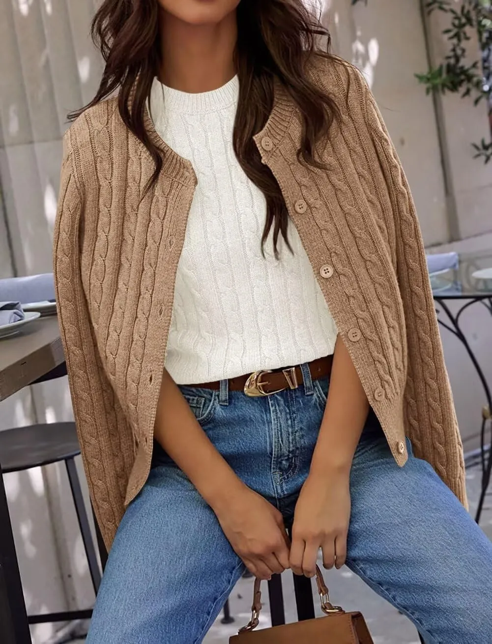 Button Down Shirt Women's Long Sleeve Cardigan Sweaters Fall Outfits Cable Knit Tops Open Front Jacket