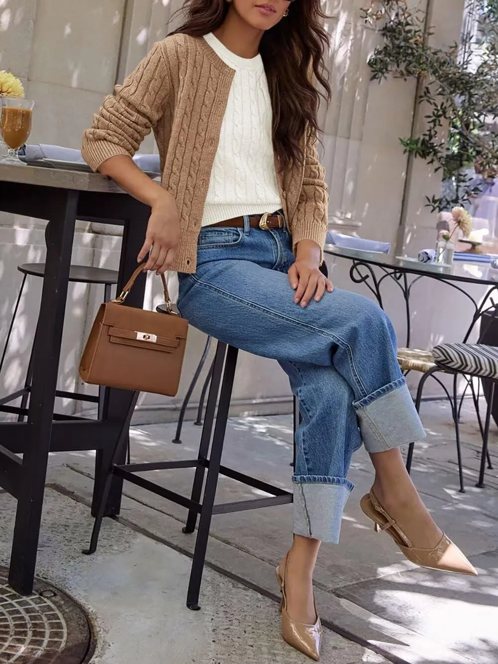 Button Down Shirt Women's Long Sleeve Cardigan Sweaters Fall Outfits Cable Knit Tops Open Front Jacket