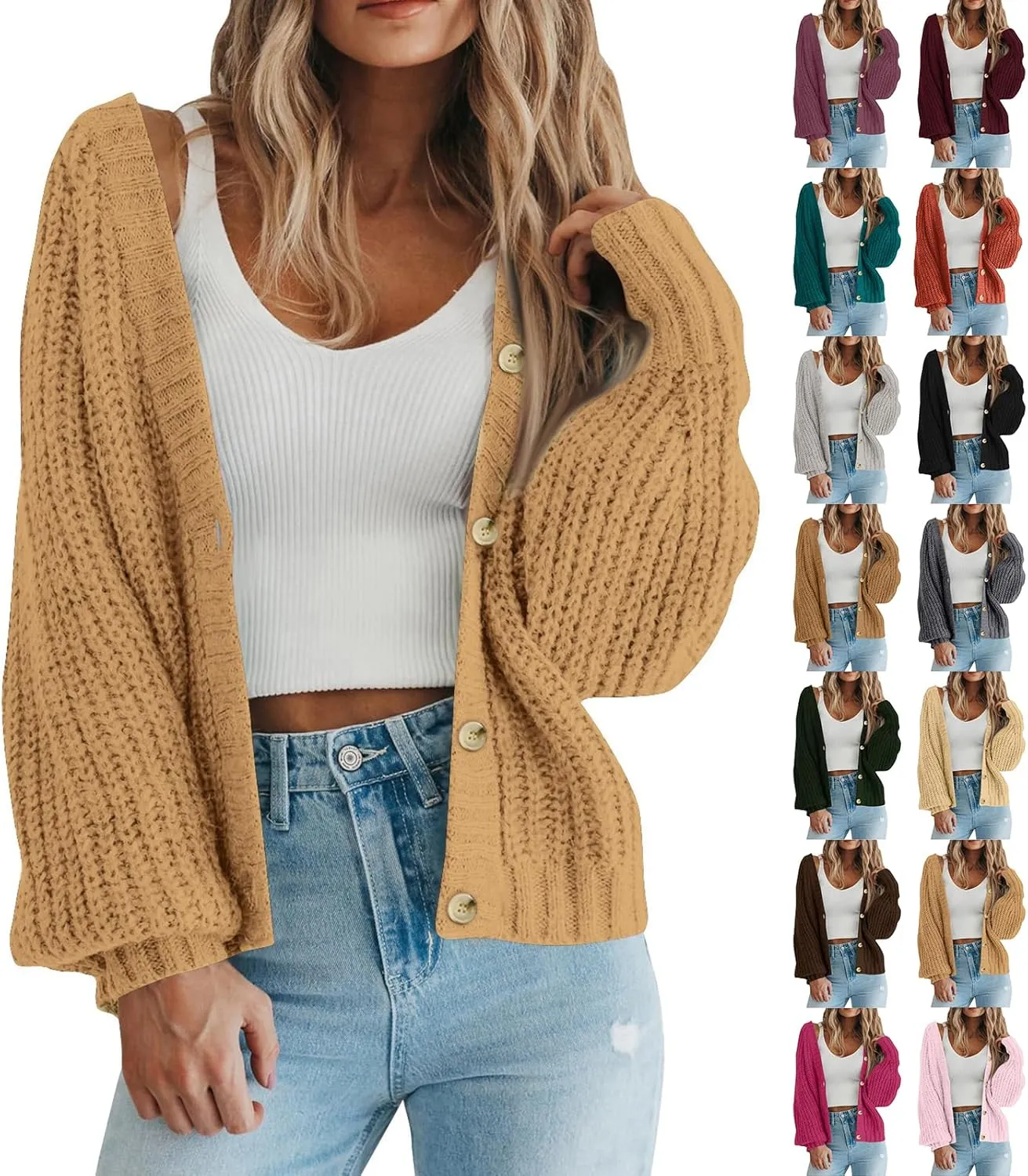Button Up Sweaters For Woman Lightweight Cable Knit Cardigan Sweater V Neck Casual Chunky Knit Coat Fall Clothes