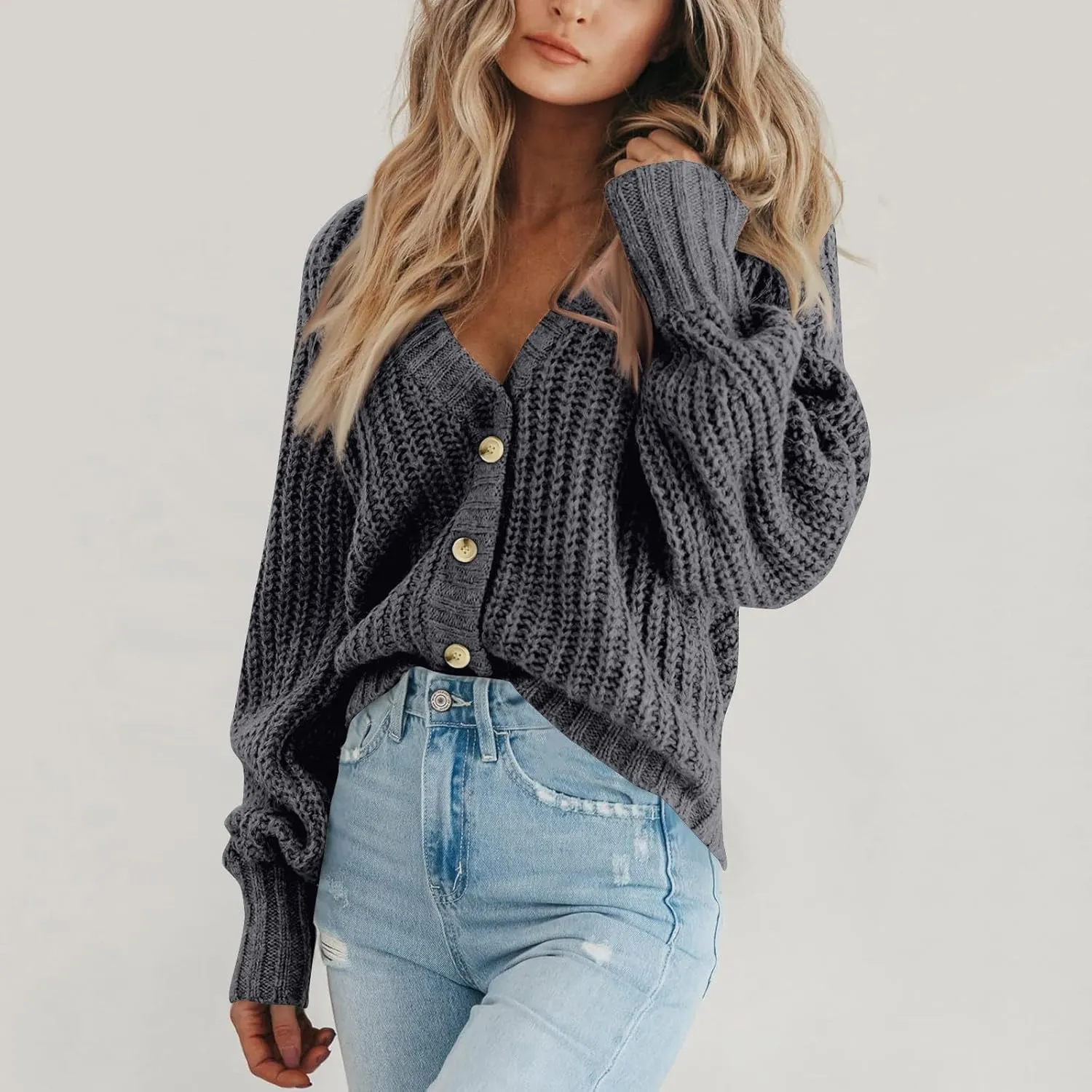 Button Up Sweaters For Woman Lightweight Cable Knit Cardigan Sweater V Neck Casual Chunky Knit Coat Fall Clothes