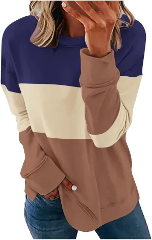 Ceboyel Women Crewneck Sweatshirts 2023 Color Block Pullover Long Sleeve Shirts Loose Fit Fall Fashion Clothing