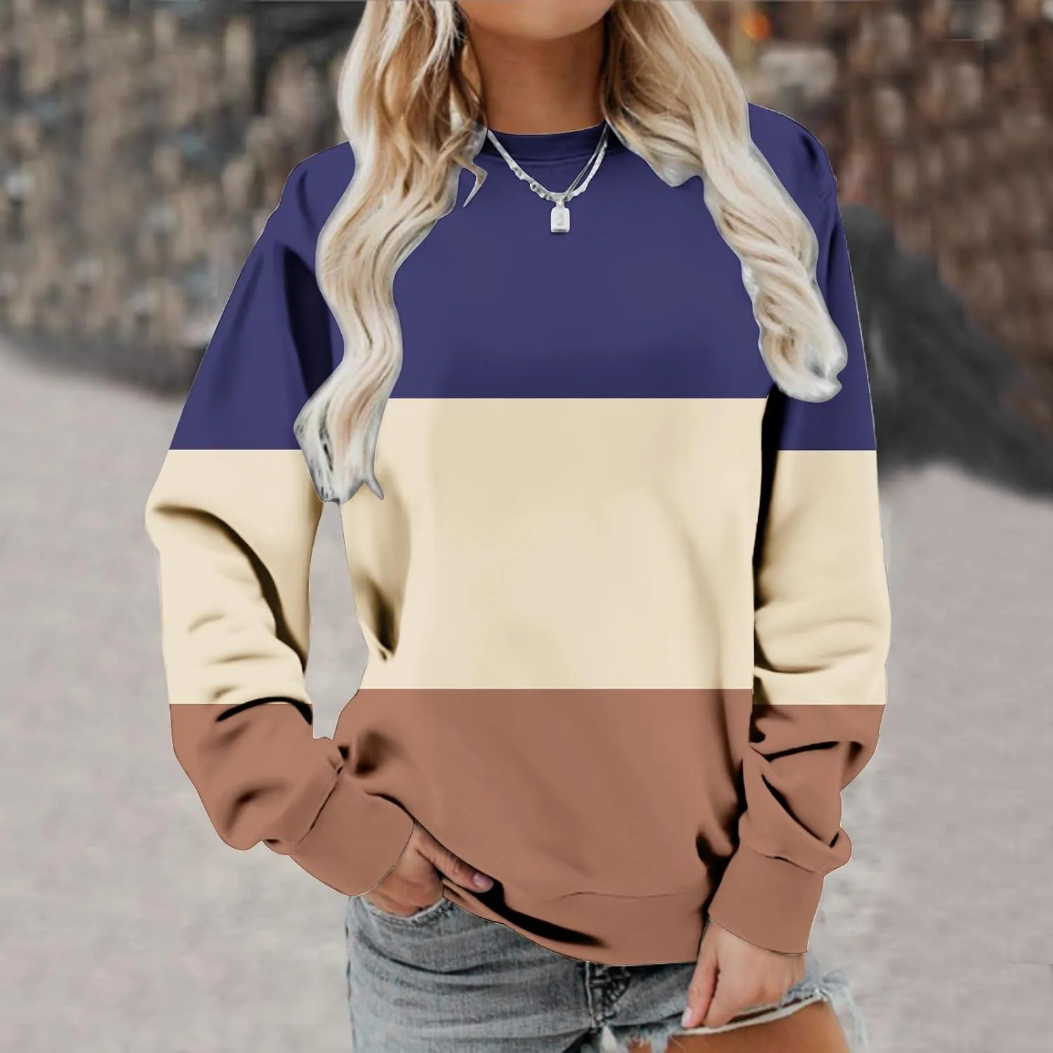 Ceboyel Women Crewneck Sweatshirts 2023 Color Block Pullover Long Sleeve Shirts Loose Fit Fall Fashion Clothing