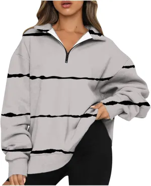 Ceboyel Women Striped Print Sweatshirts 2023 Oversized Hoodie Pullover 1/4 Zip Casual Fall Tops Loose Fit Trendy Outfits
