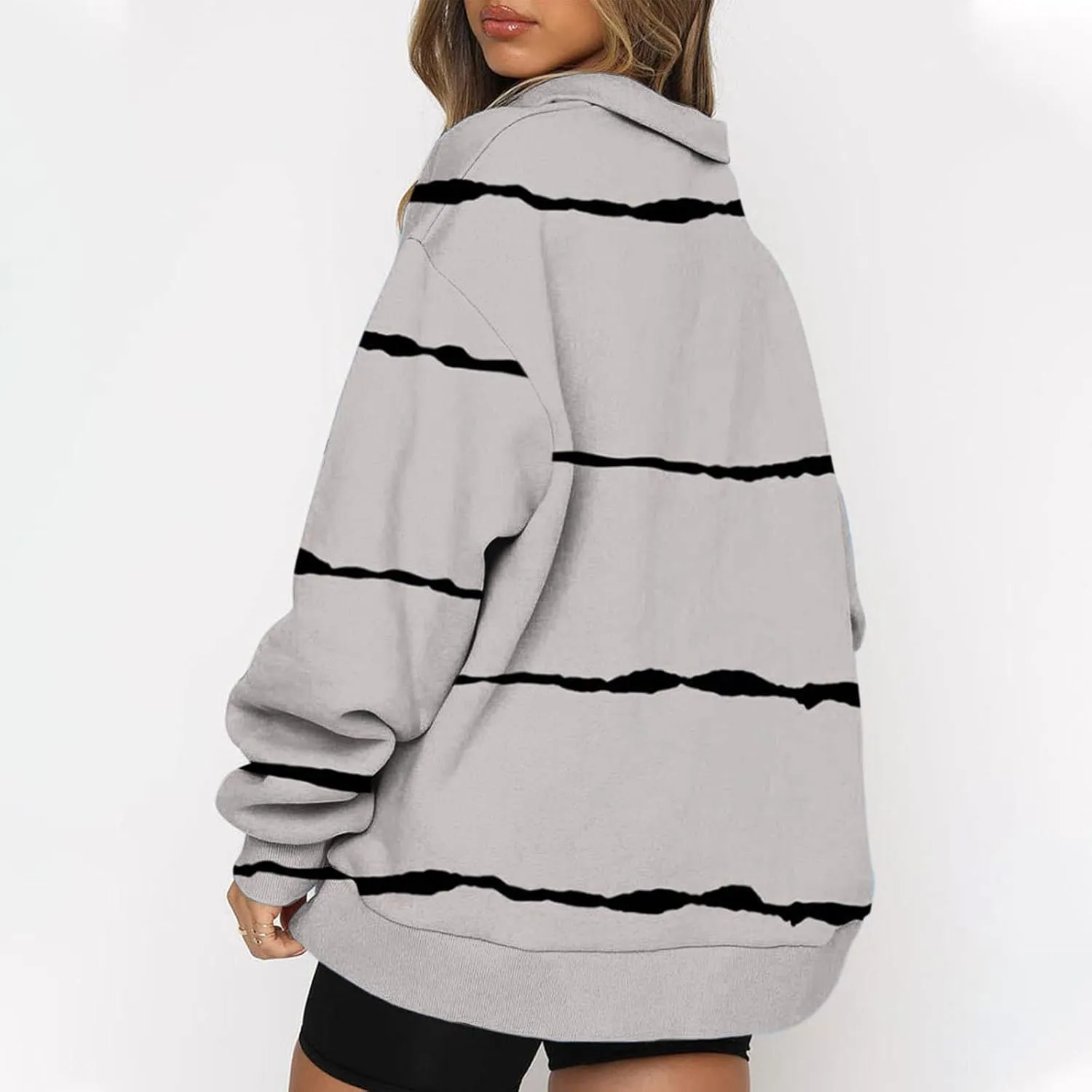 Ceboyel Women Striped Print Sweatshirts 2023 Oversized Hoodie Pullover 1/4 Zip Casual Fall Tops Loose Fit Trendy Outfits