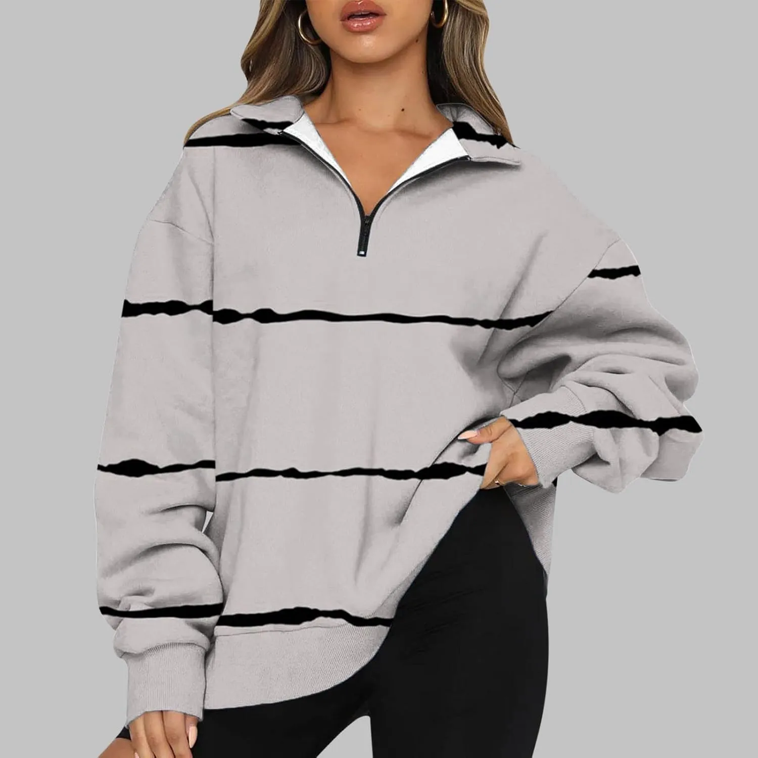 Ceboyel Women Striped Print Sweatshirts 2023 Oversized Hoodie Pullover 1/4 Zip Casual Fall Tops Loose Fit Trendy Outfits