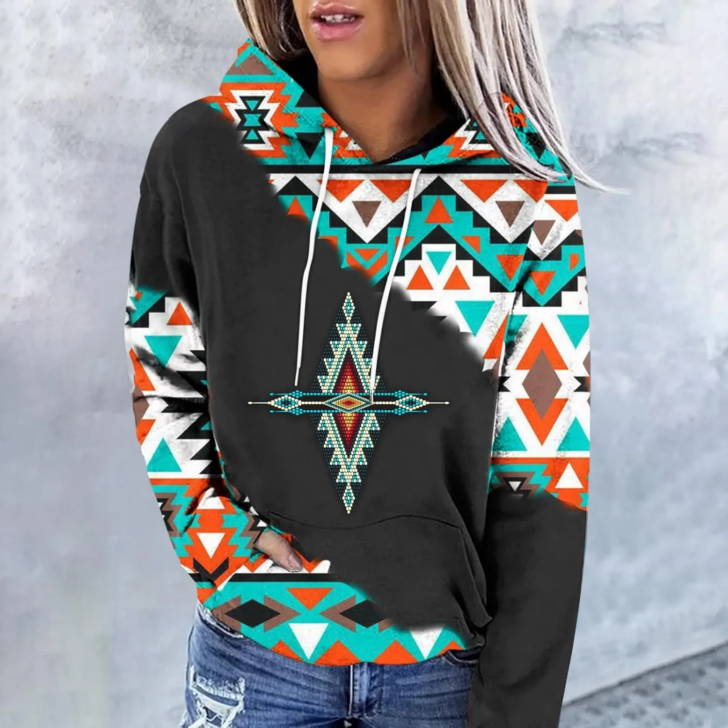 Ceboyel Women Western Aztec Hoodies Fashion Sweatshirt Pullover Ethnic Vintage Graphic Shirts Tops Causal Fall Clothes